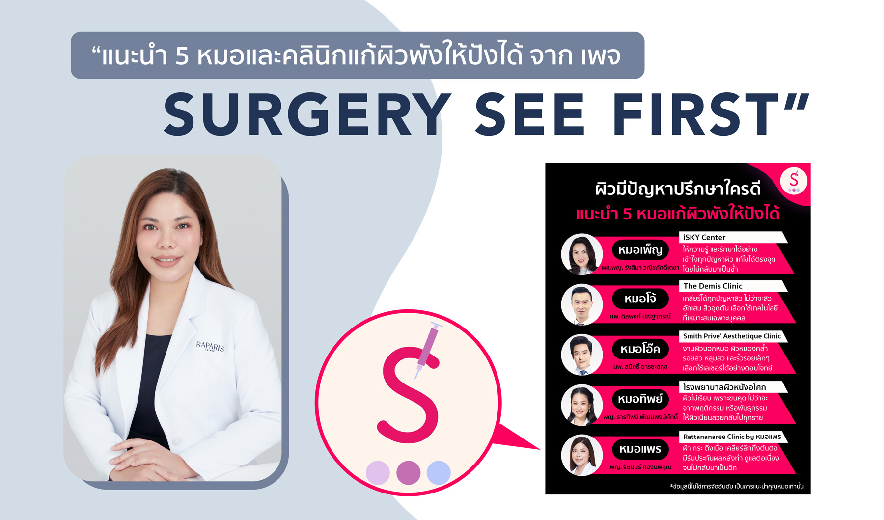 แนะนำ 5 หมอ และคลินิก แก้ผิวพังให้ปังได้ จาก เพจ Surgery See First